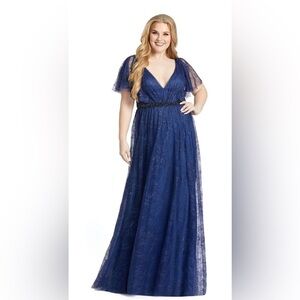 Mac Duggal 67435 NWT Long A-Line Dress Bell Sleeves Plunging Neckline